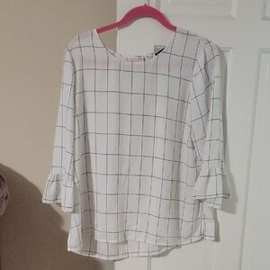 Adrianna Papell White Grid Blouse with Ruffle Sleeves In Size Large
